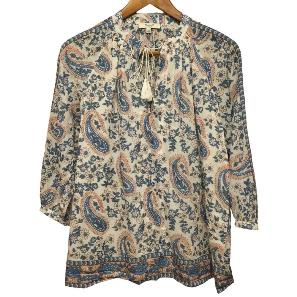 Madewell Paisley floral printed Boho Top Shirt Blouse Tassels Size XS